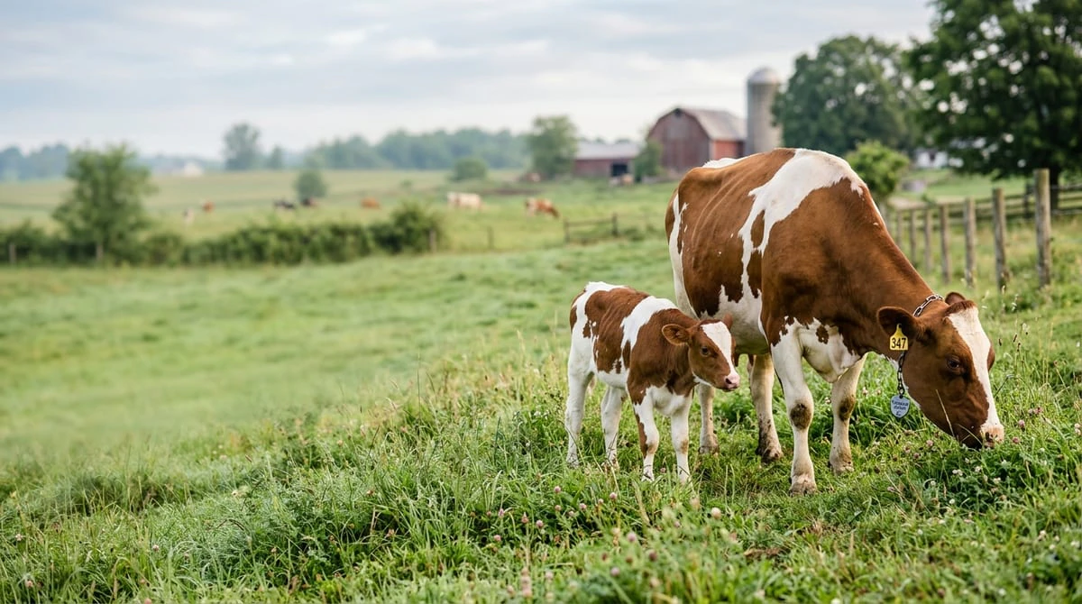 Agricultural photograph of a dairy cow grazing with a young calf in pasture