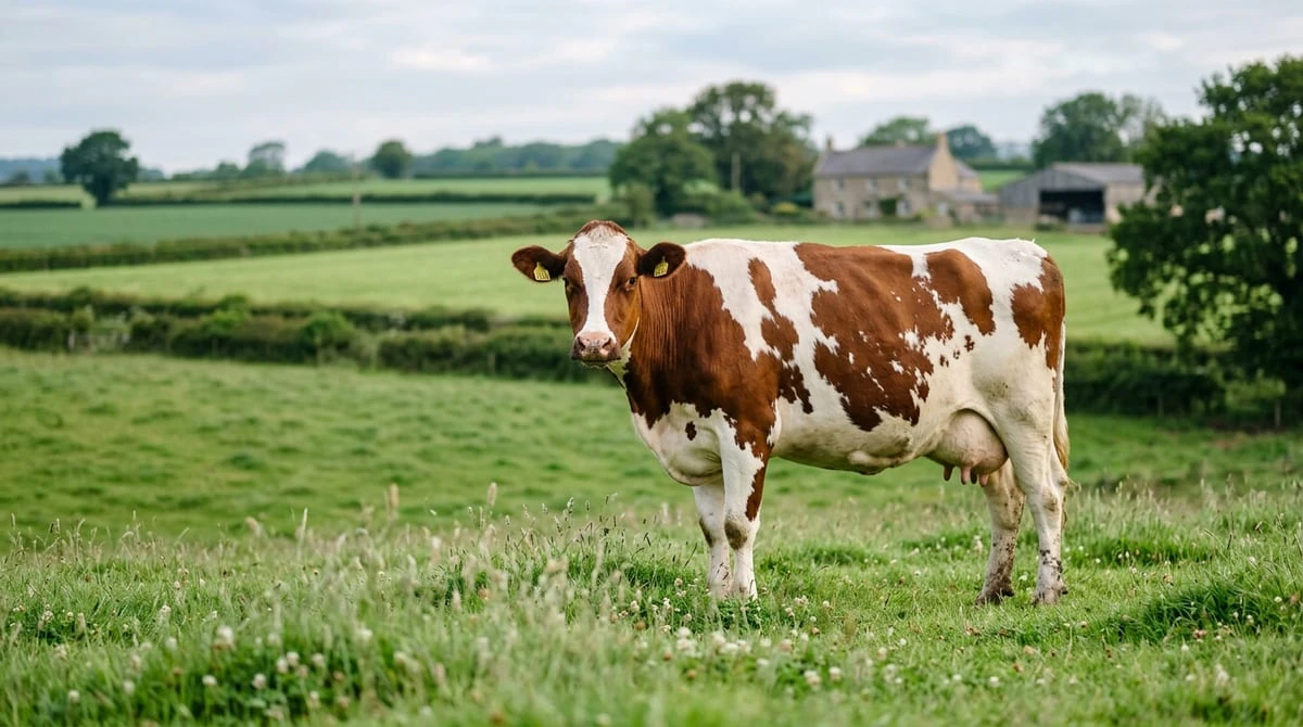 Documentary livestock photograph of dairy cow standing naturally in pasture