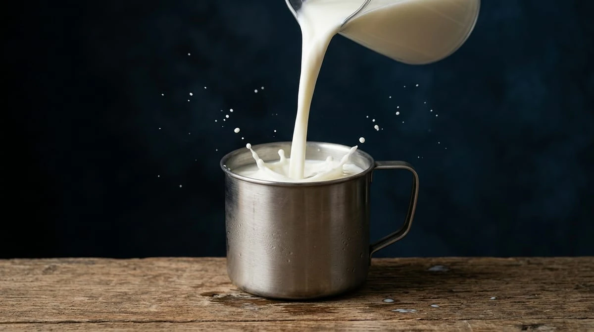 Commercial dairy photography of fresh milk pouring into stainless-steel container