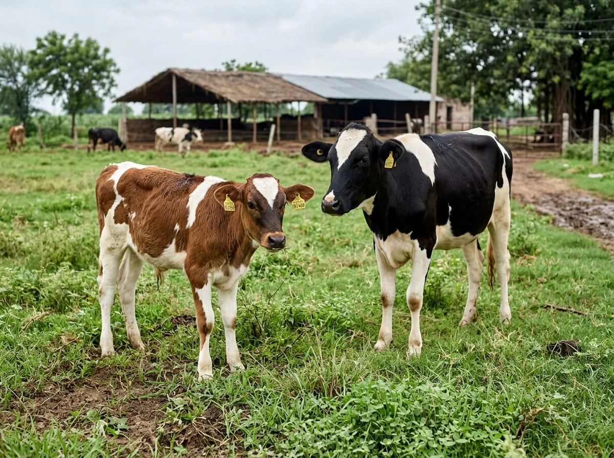 Healthy young dairy calf standing naturally beside a heifer in clean green pasture