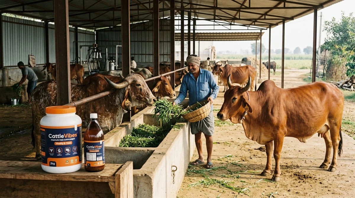 Indian dairy farmer with CattleVibes feed supplements tending to indigenous Gir and Sahiwal cows in modern Indian farm shed