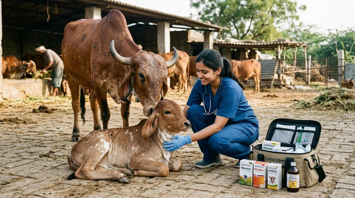 Indian female veterinarian with stethoscope examining Gir calf and cow alongside CattleVibes medical kit in rural dairy courtyard