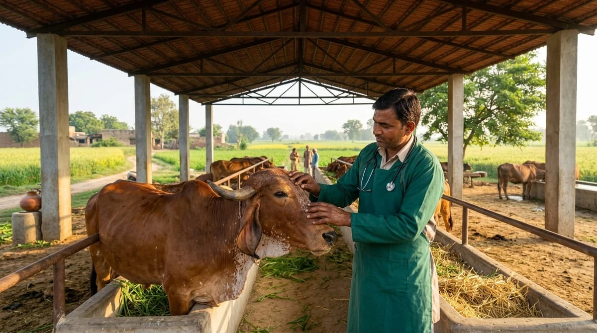 Indian veterinary doctor examining a Gir dairy cow in an authentic open-air shelter
