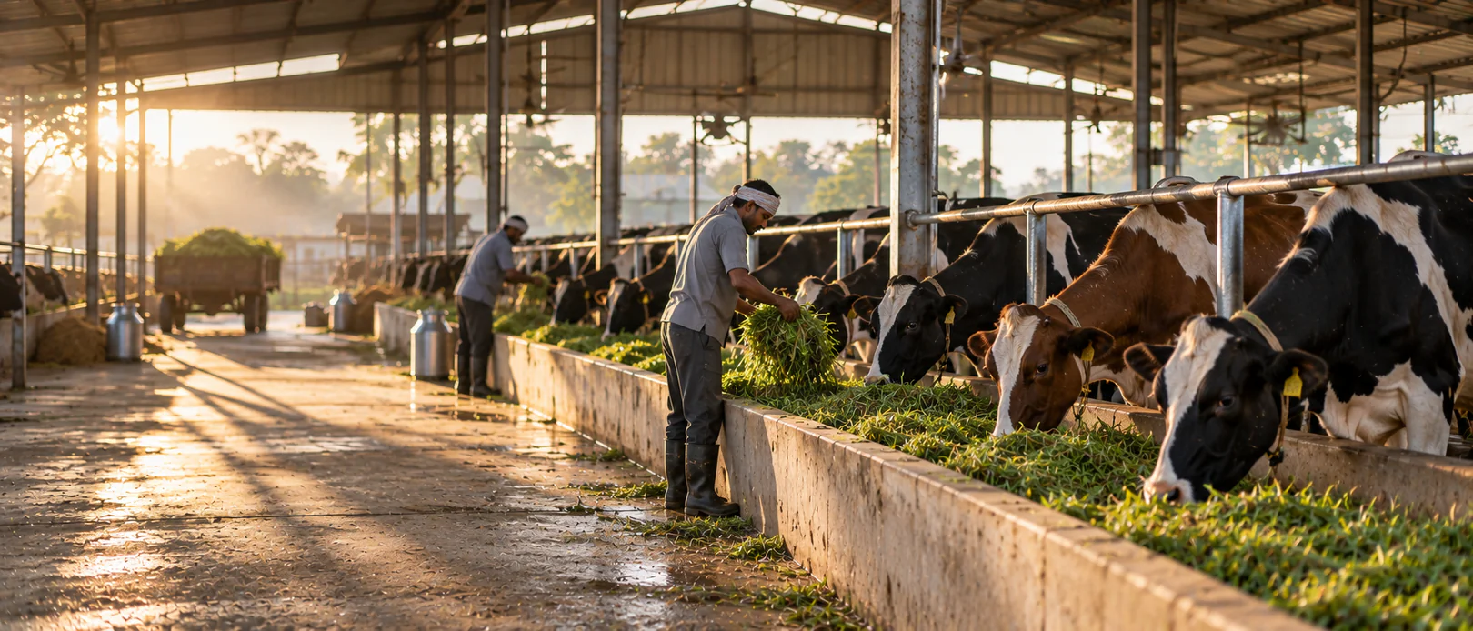 Dairy farmers tending and feeding cattle in modern barn at golden sunrise